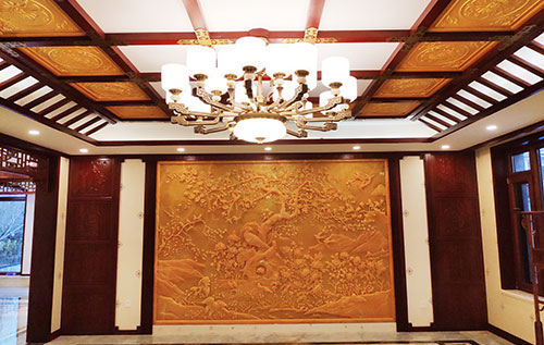 兴仁中式别墅客厅中式木作横梁吊顶装饰展示